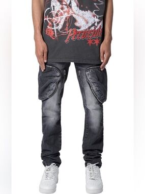 mnml Zipper Inseam Cargo Denim Jeans Black Wash Size 36 Streetwear NIB